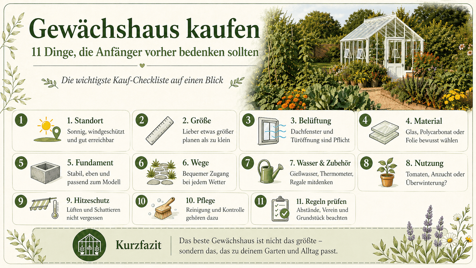 Gewächshaus im Sommer mit Pflanzen, Belüftung und Schattierung planen