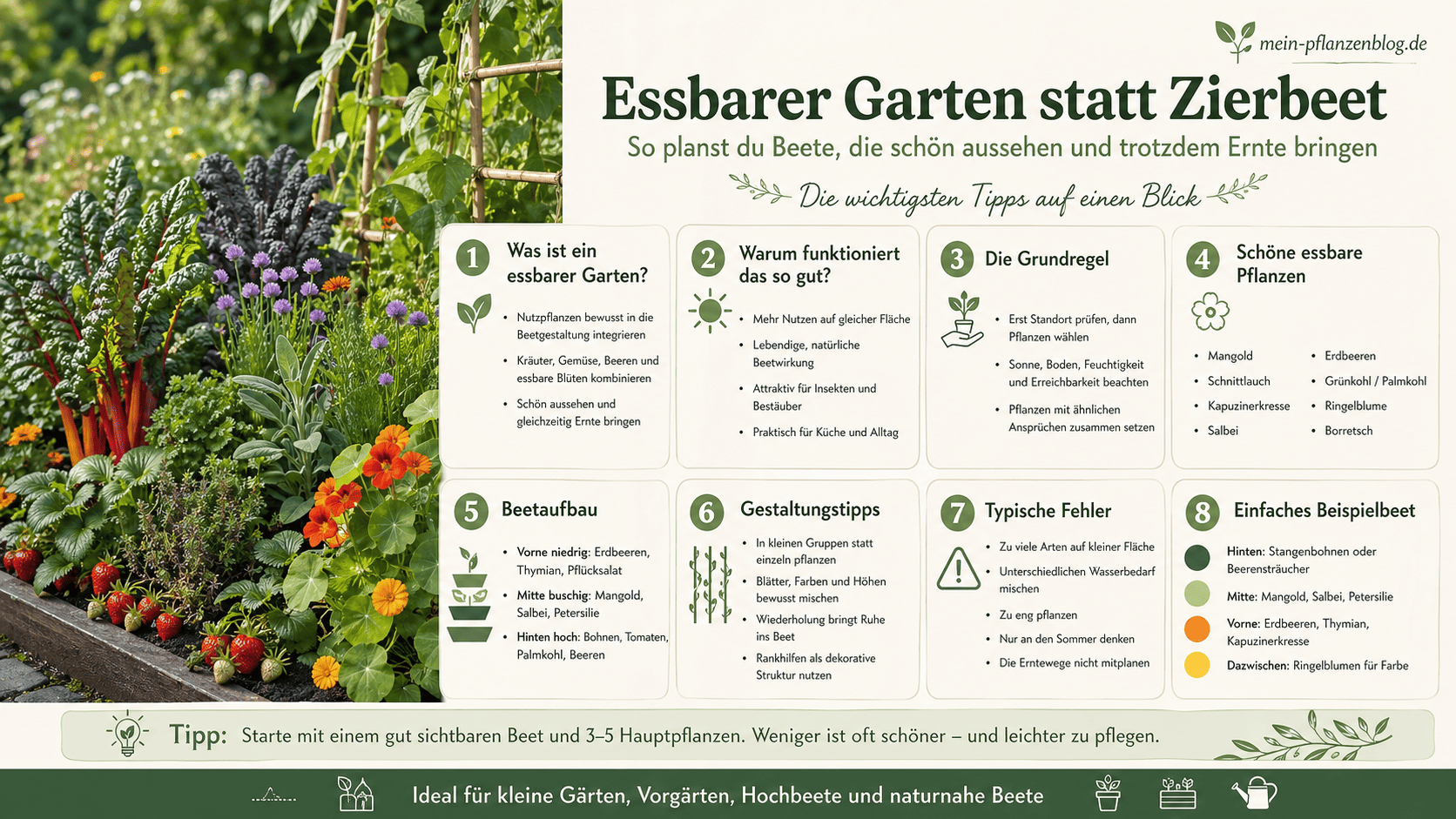 Schön bepflanztes essbares Beet mit Gemüse, Kräutern und Blüten