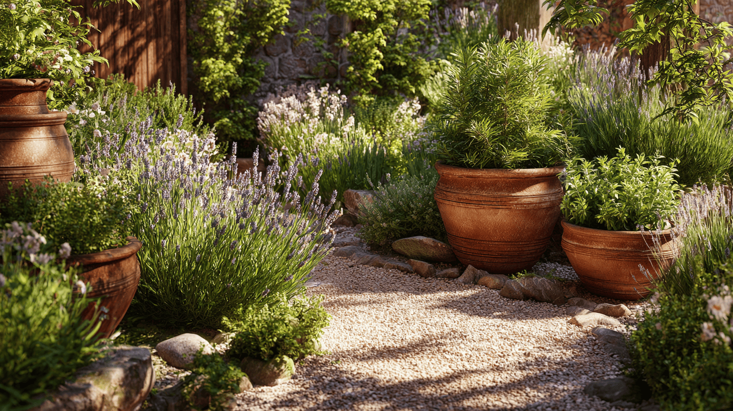 Mediterrane Kübel- und Gartenpflanzen in heller sommerlicher Gartenszene mit südlichem Charakter