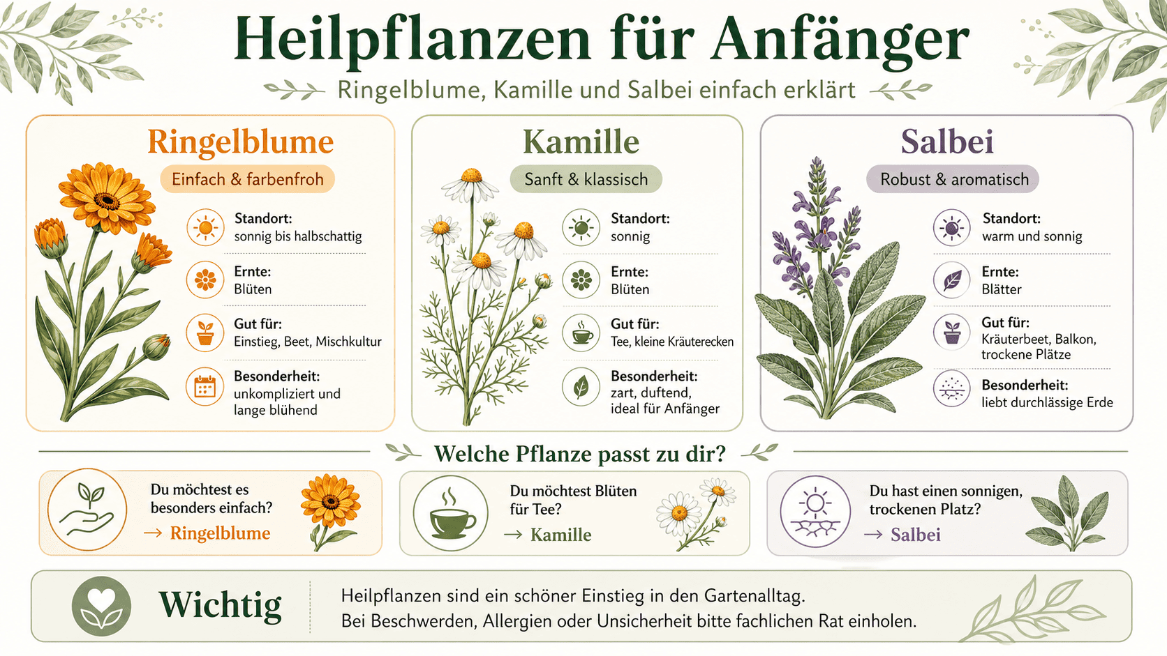 Übersicht zu Heilpflanzen für Anfänger mit Ringelblume Kamille und Salbei