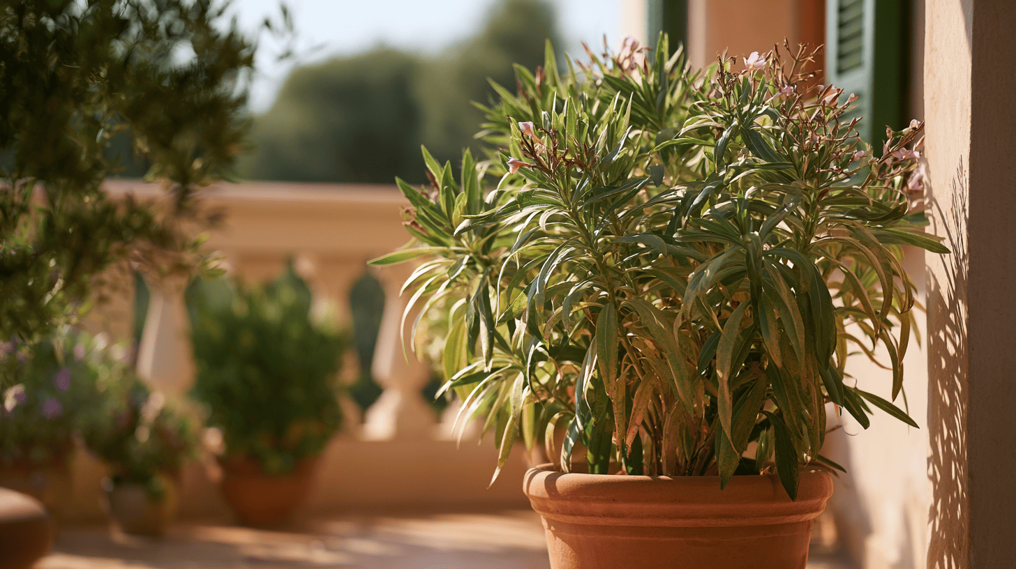 Oleander im Kübel mit leicht gekräuselten Blättern auf einer mediterranen Terrasse