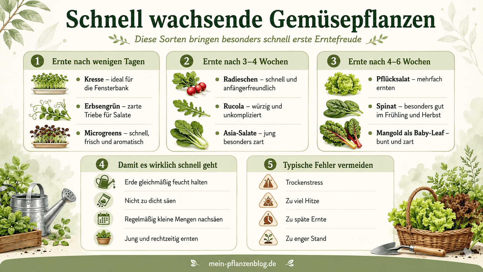 Infografik zu schnell wachsenden Gemüsepflanzen mit Erntezeiten und Pflegetipps