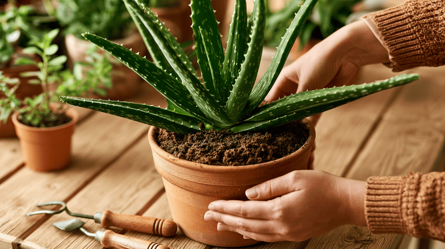 Aloe Vera wird vorsichtig in frische Kakteenerde umgetopft