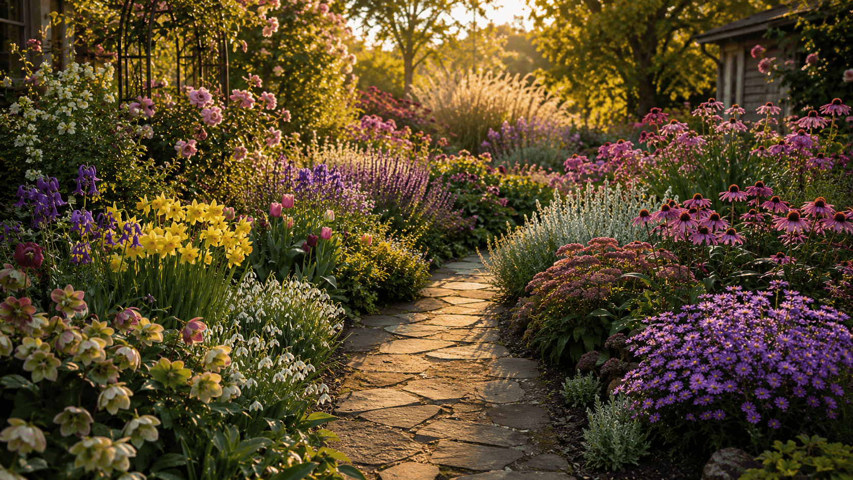 Blühender Garten mit Frühblühern, Stauden und saisonaler Blühfolge