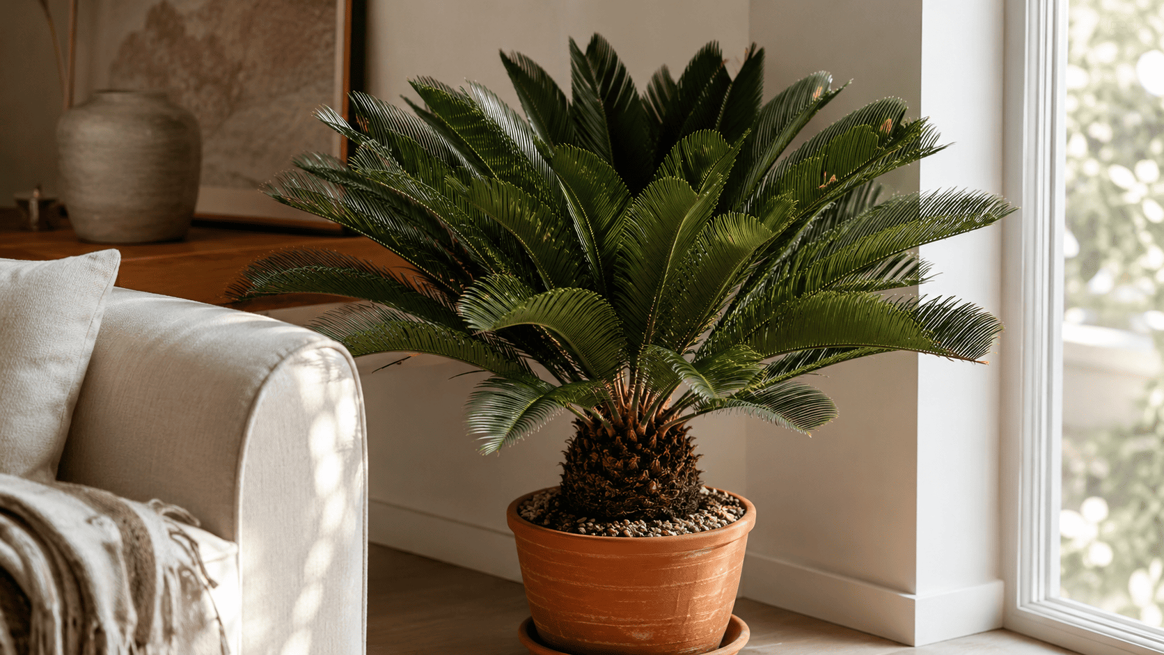 Kleine Cycas revoluta im Terrakottatopf in einem hellen Wohnraum am Fenster