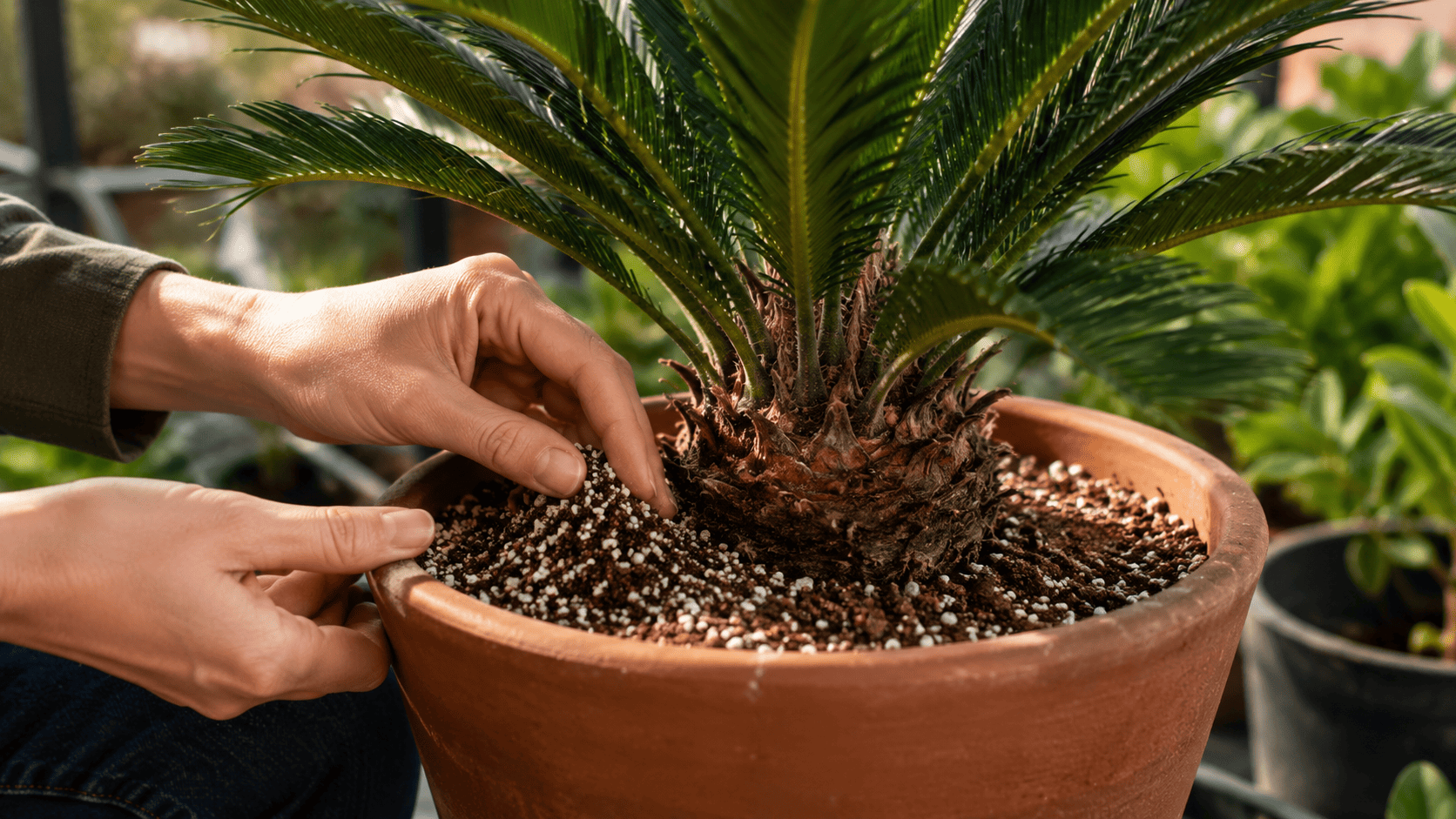 Hände prüfen die trockene Erde einer Cycas revoluta im Terrakottatopf