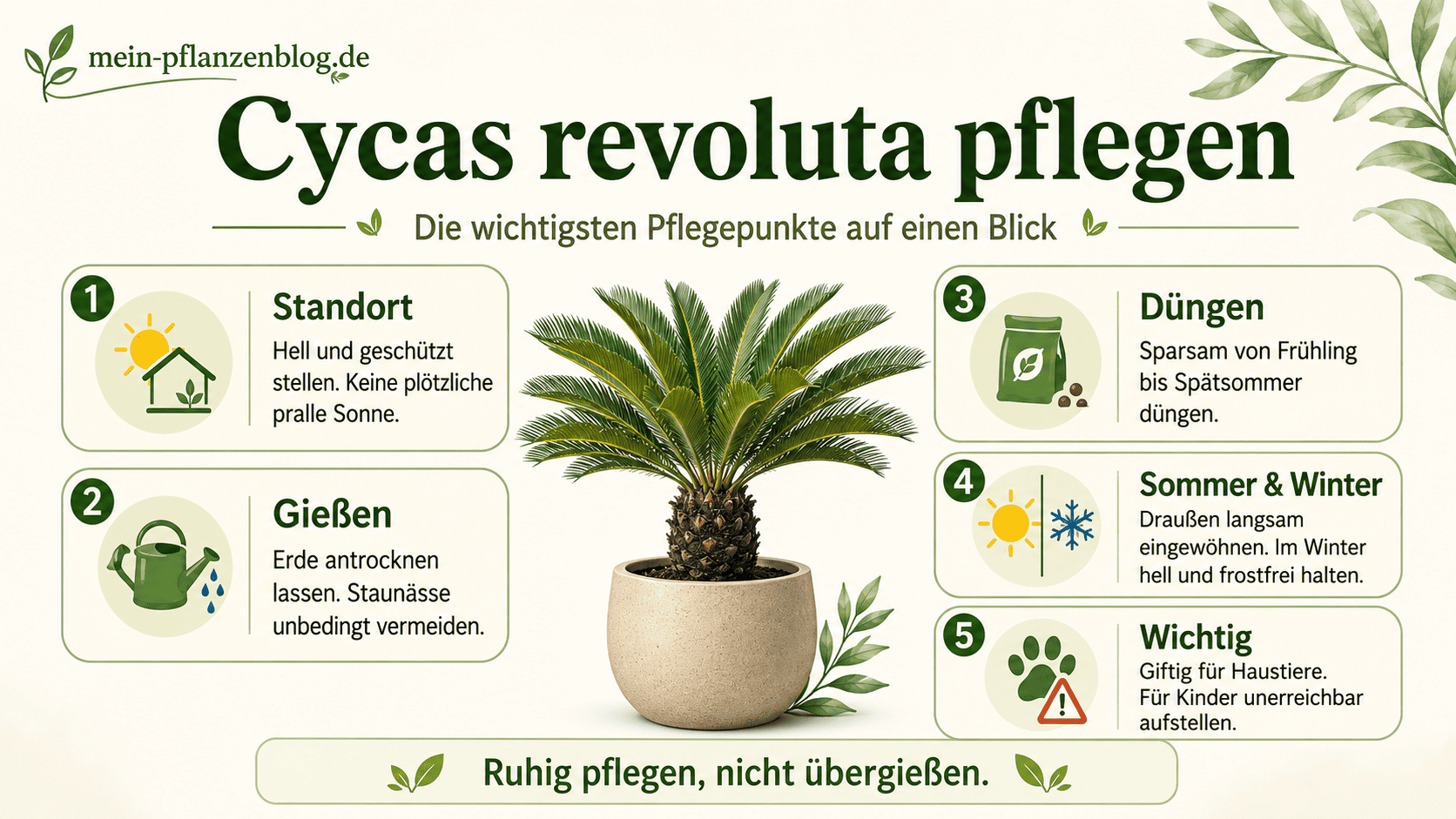 Infografik zur Pflege von Cycas revoluta mit Standort, Gießen, Düngen, Sommer, Winter und Giftigkeit