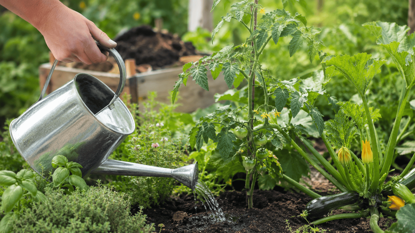 Selbst gemachter organischer Flüssigdünger wird im Sommergarten an Tomatenpflanzen gegossen