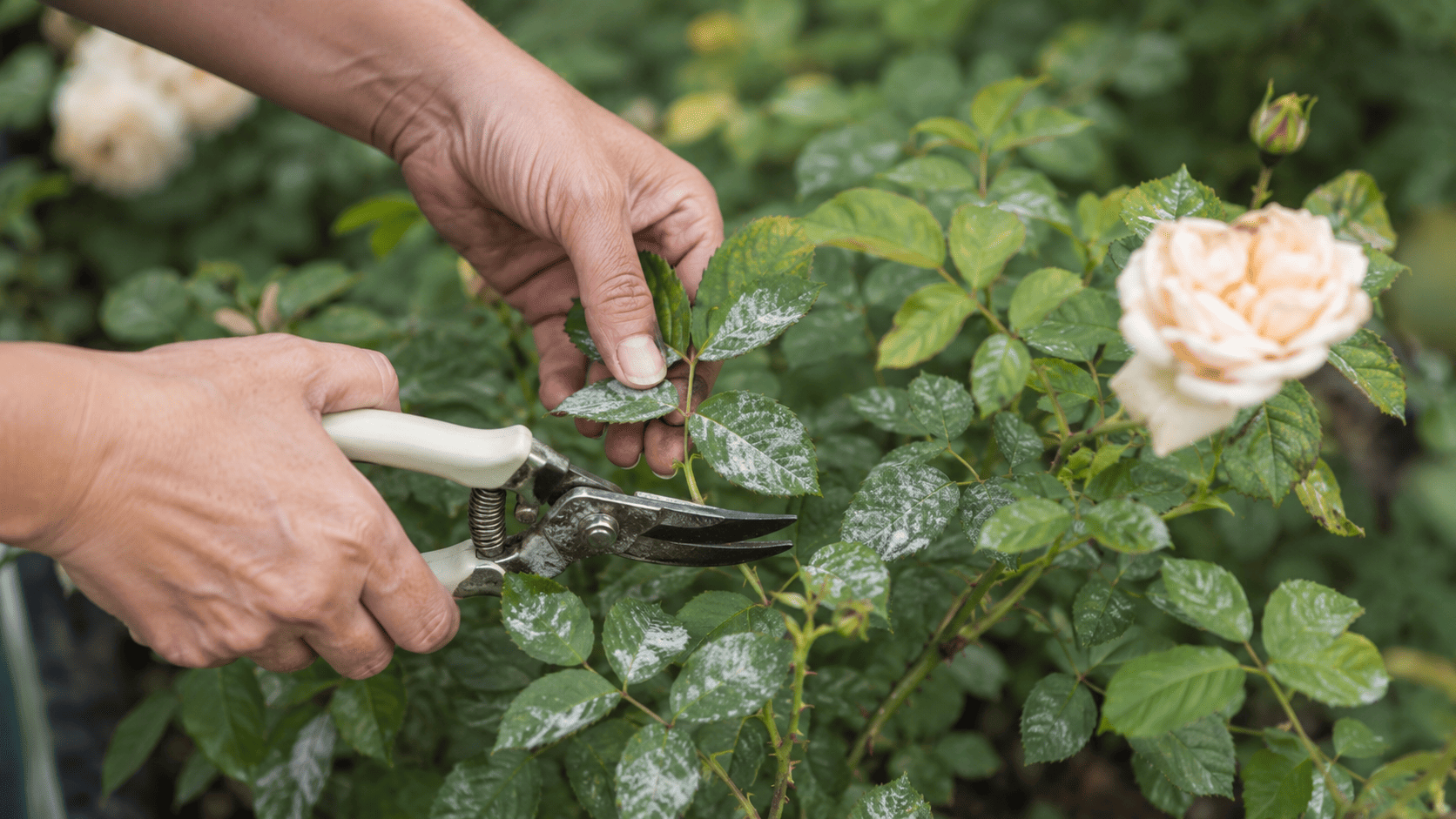 Hände schneiden mit einer Gartenschere Rosenblätter mit echtem Mehltau zurück