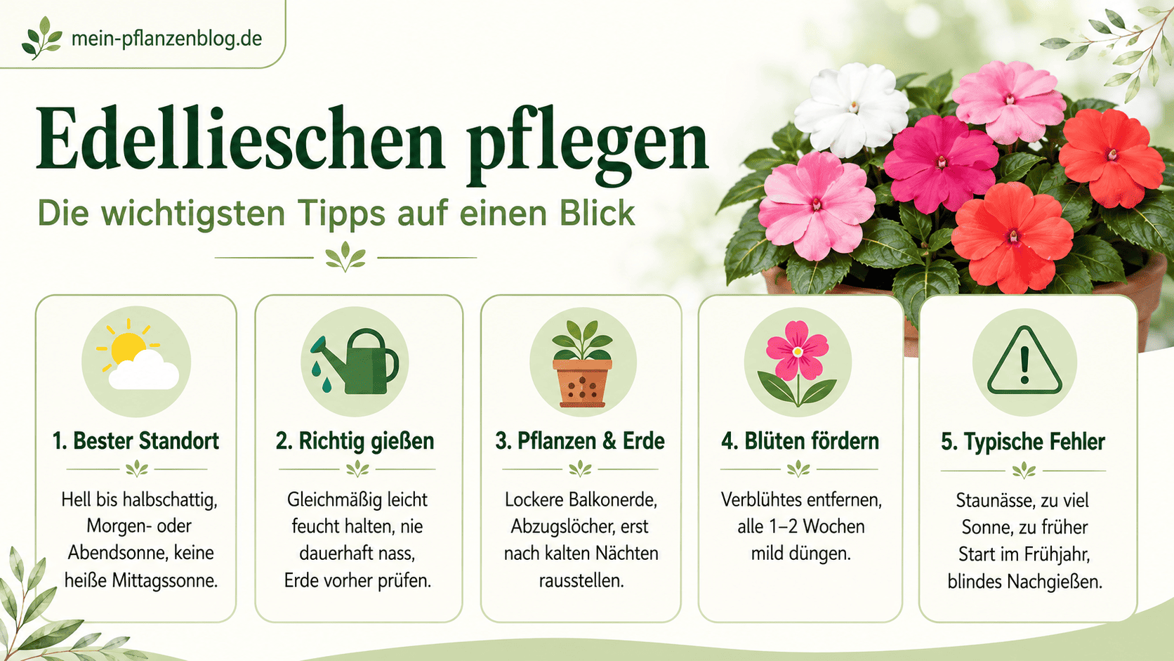 Infografik zur Pflege von Edellieschen mit Tipps zu Standort, Gießen, Erde, Blütenförderung und typischen Fehlern