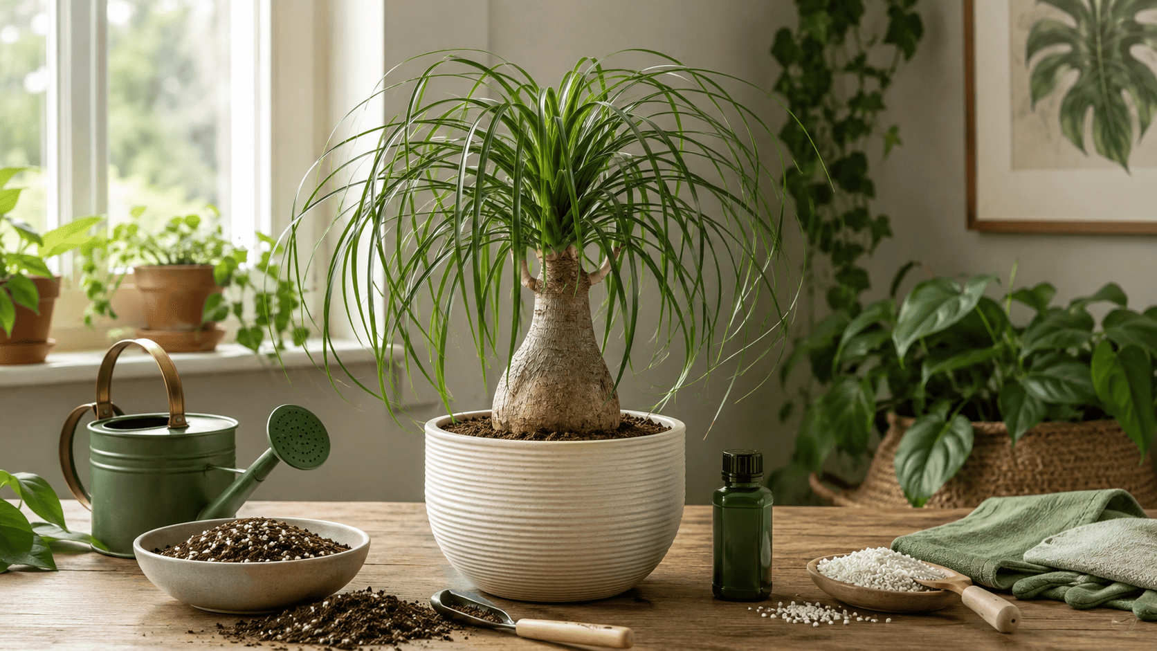 Elefantenfuß mit Kakteendünger, Gießkanne, Erde und Perlite auf einem Holztisch