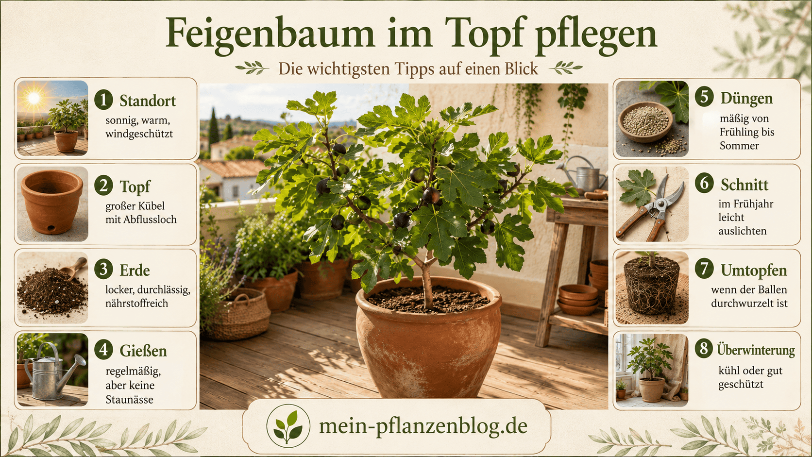 Infografik zur Pflege eines Feigenbaums im Topf mit Standort, Erde, Gießen, Düngen, Schnitt und Überwinterung