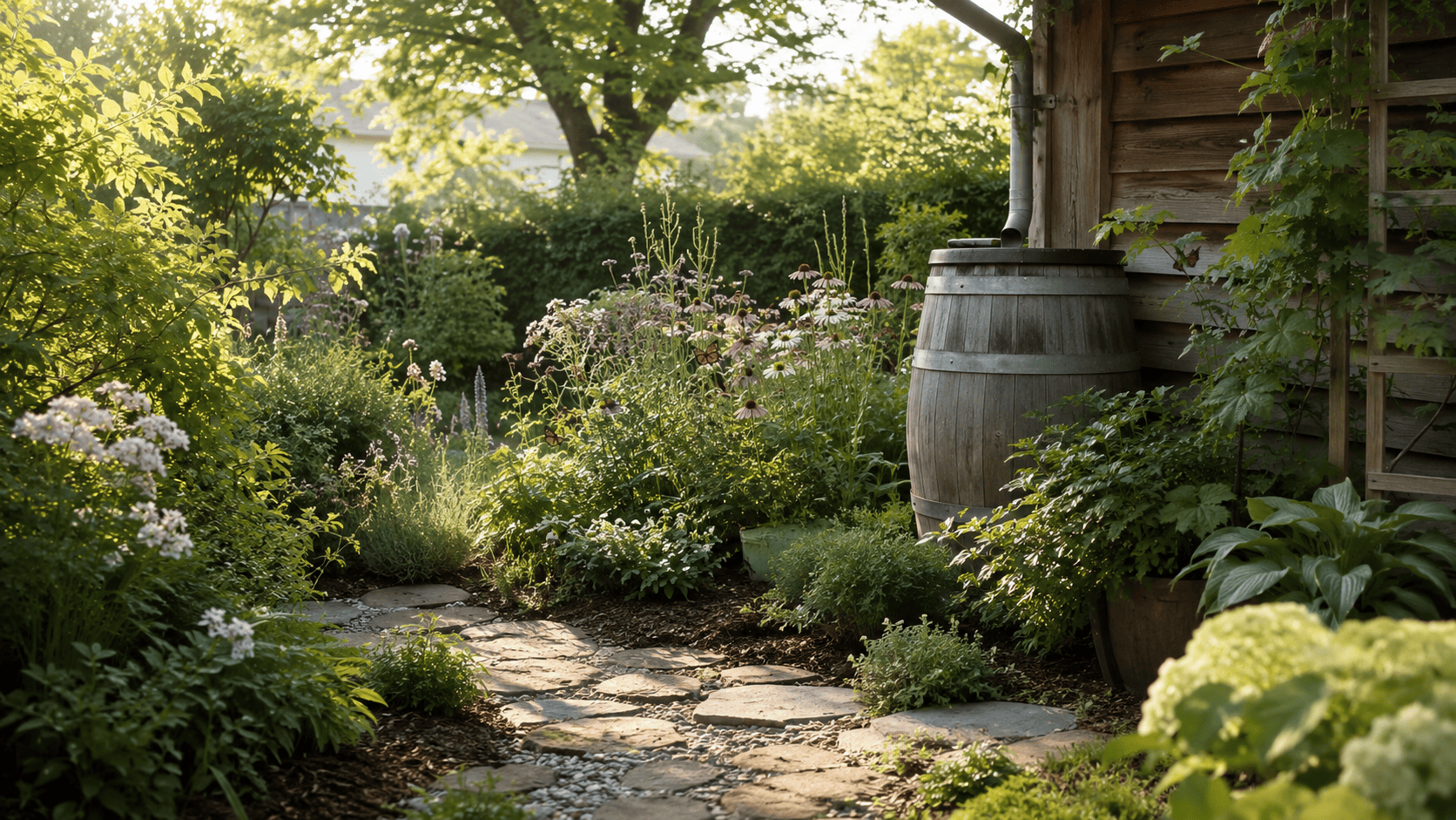 Naturnaher Garten mit Stauden, Mulch und Regentonne