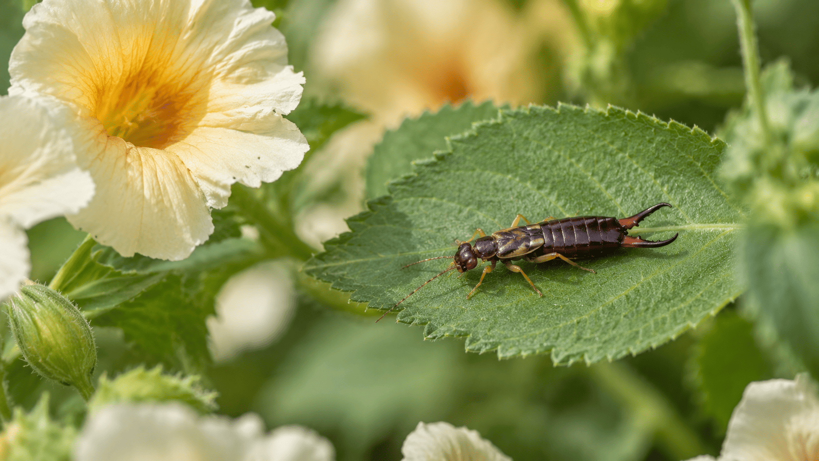 Ohrenkneifer auf einem grünen Blatt zwischen Gartenpflanzen