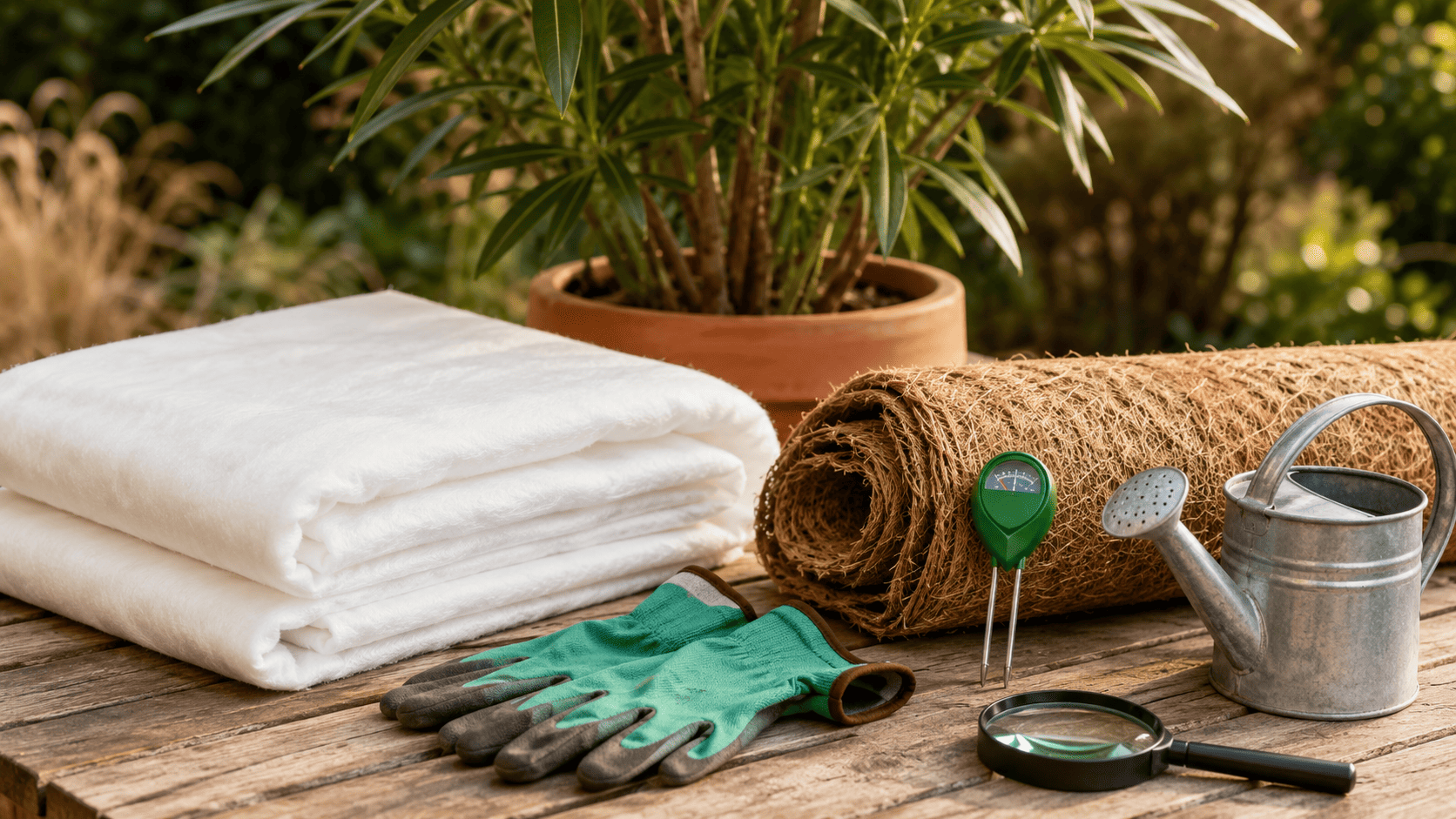 Winterschutzmaterialien für Oleander mit Vlies, Kokosmatte, Handschuhen, Gießkanne, Feuchtigkeitsmesser und Lupe auf einem Gartentisch