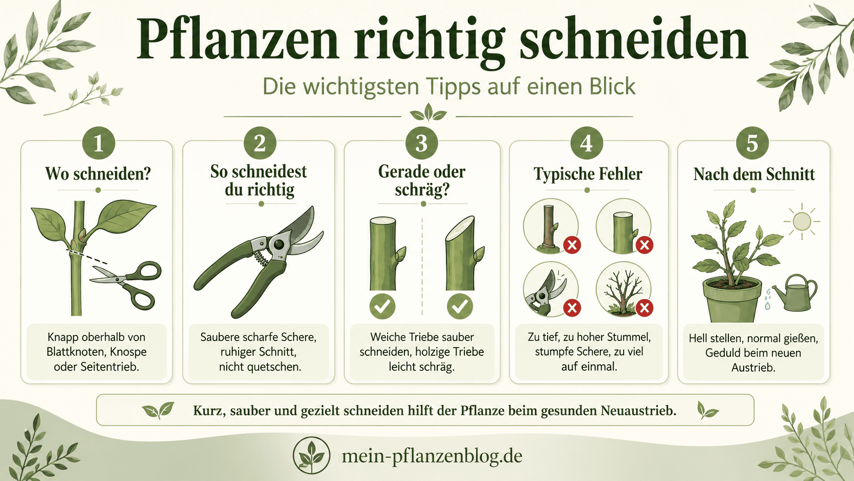 Infografik Pflanzen richtig schneiden mit fünf Tipps zu Schnittstelle, Schere, Schnittwinkel, Fehlern und Pflege nach dem Rückschnitt