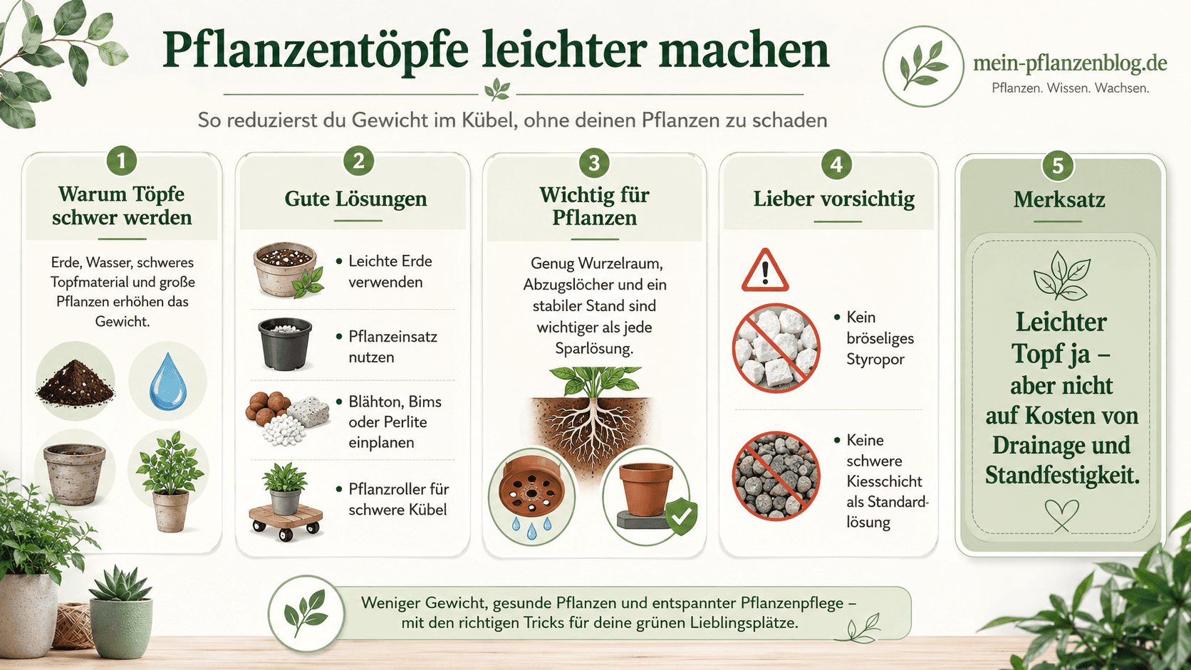 Infografik mit fünf Tipps zum leichteren Befüllen von Pflanzentöpfen