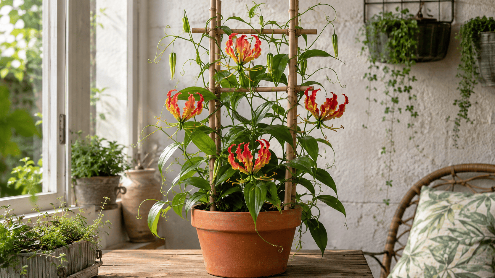Blühende Ruhmeskrone Gloriosa im Terrakottatopf mit Bambus-Rankhilfe auf einer sonnigen Terrasse
