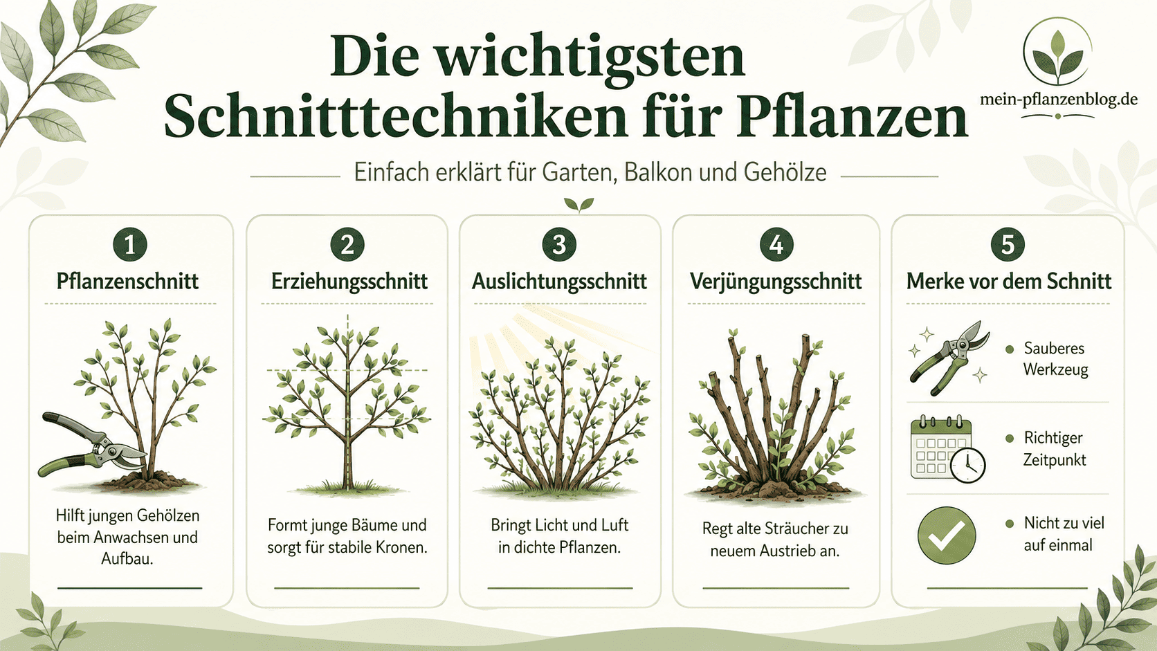 Infografik zu Pflanzenschnitt Erziehungsschnitt Auslichtungsschnitt Verjüngungsschnitt und wichtigen Schnittregeln