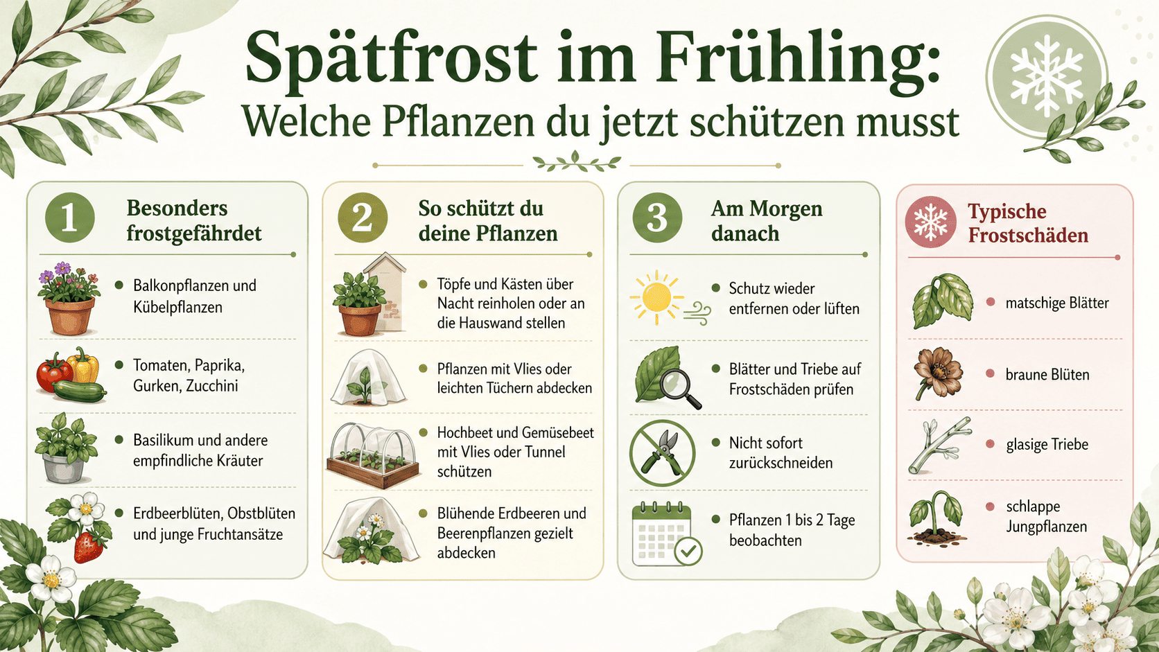 Infografik: Spätfrost im Frühling - gefährdete Pflanzen, Frostschutz und Kontrolle am Morgen danach