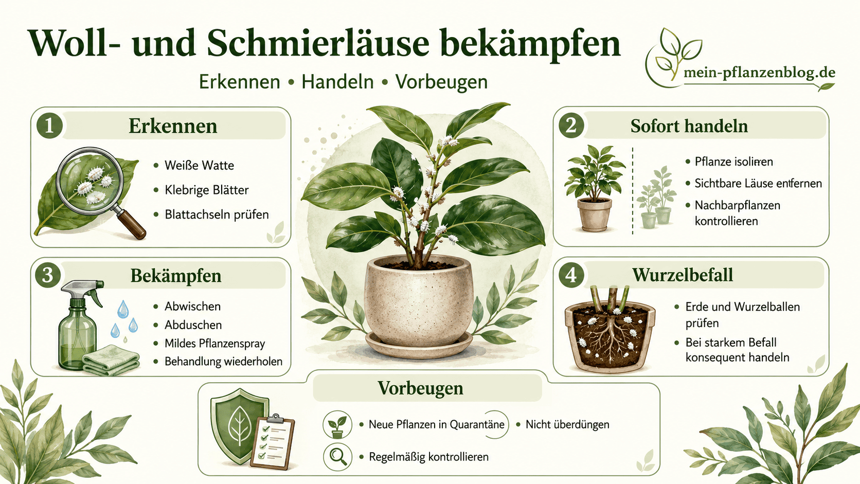 Infografik Woll- und Schmierläuse bekämpfen mit Tipps zum Erkennen Handeln Bekämpfen Wurzelbefall und Vorbeugen