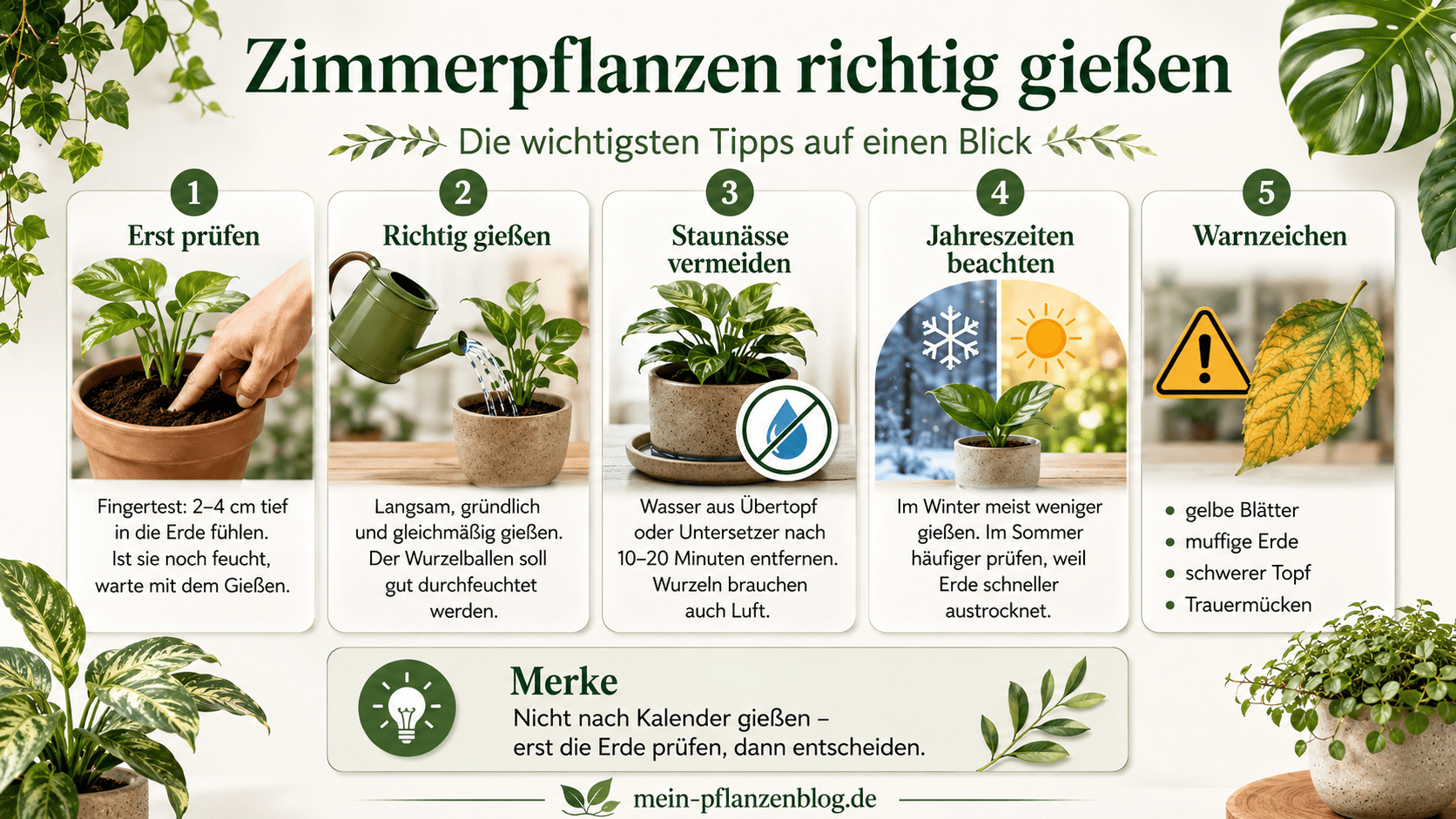Infografik Zimmerpflanzen richtig gießen mit Fingertest, Staunässe-Tipps und Warnzeichen