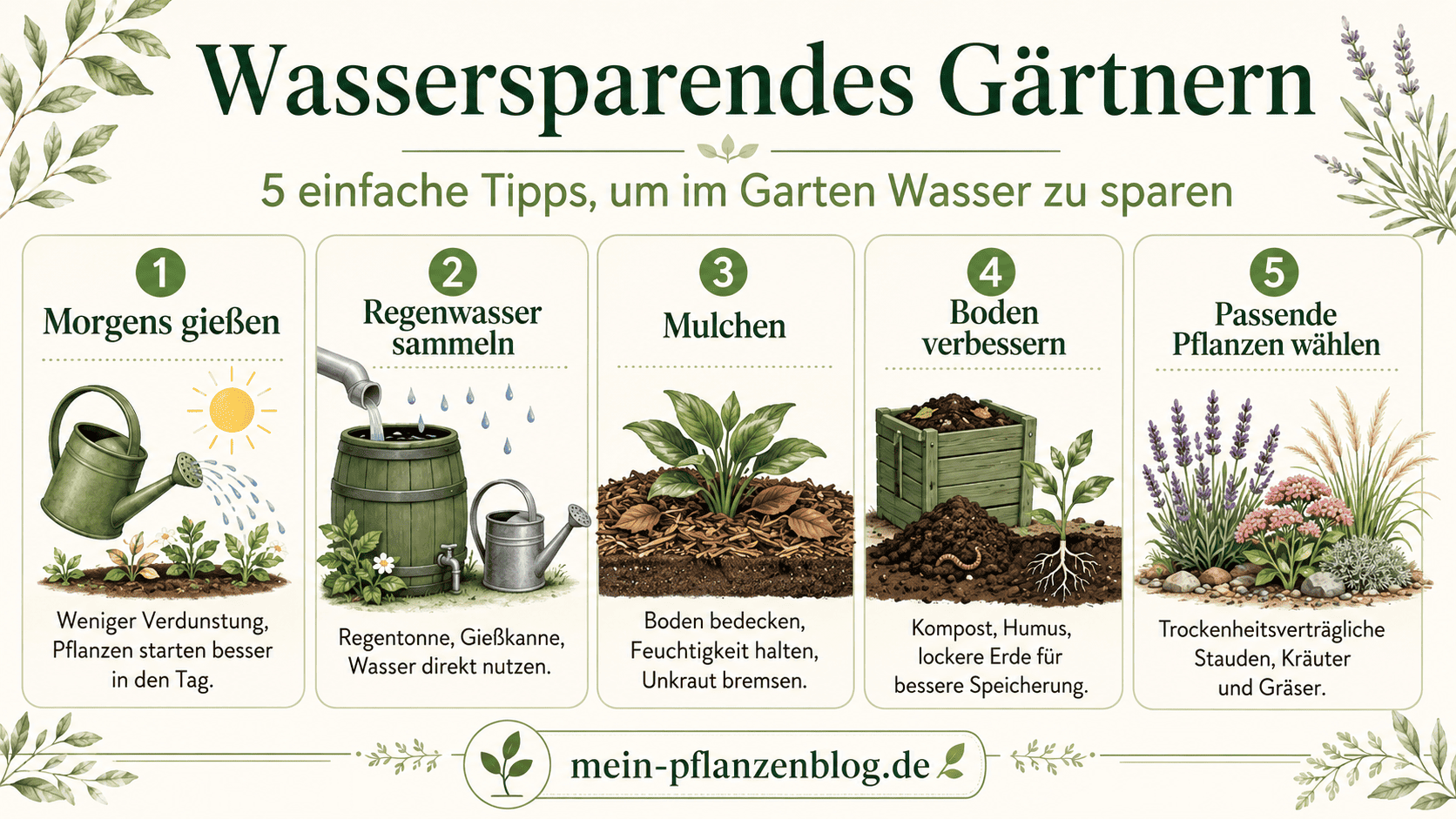 Infografik mit fünf Tipps zum wassersparenden Gärtnern