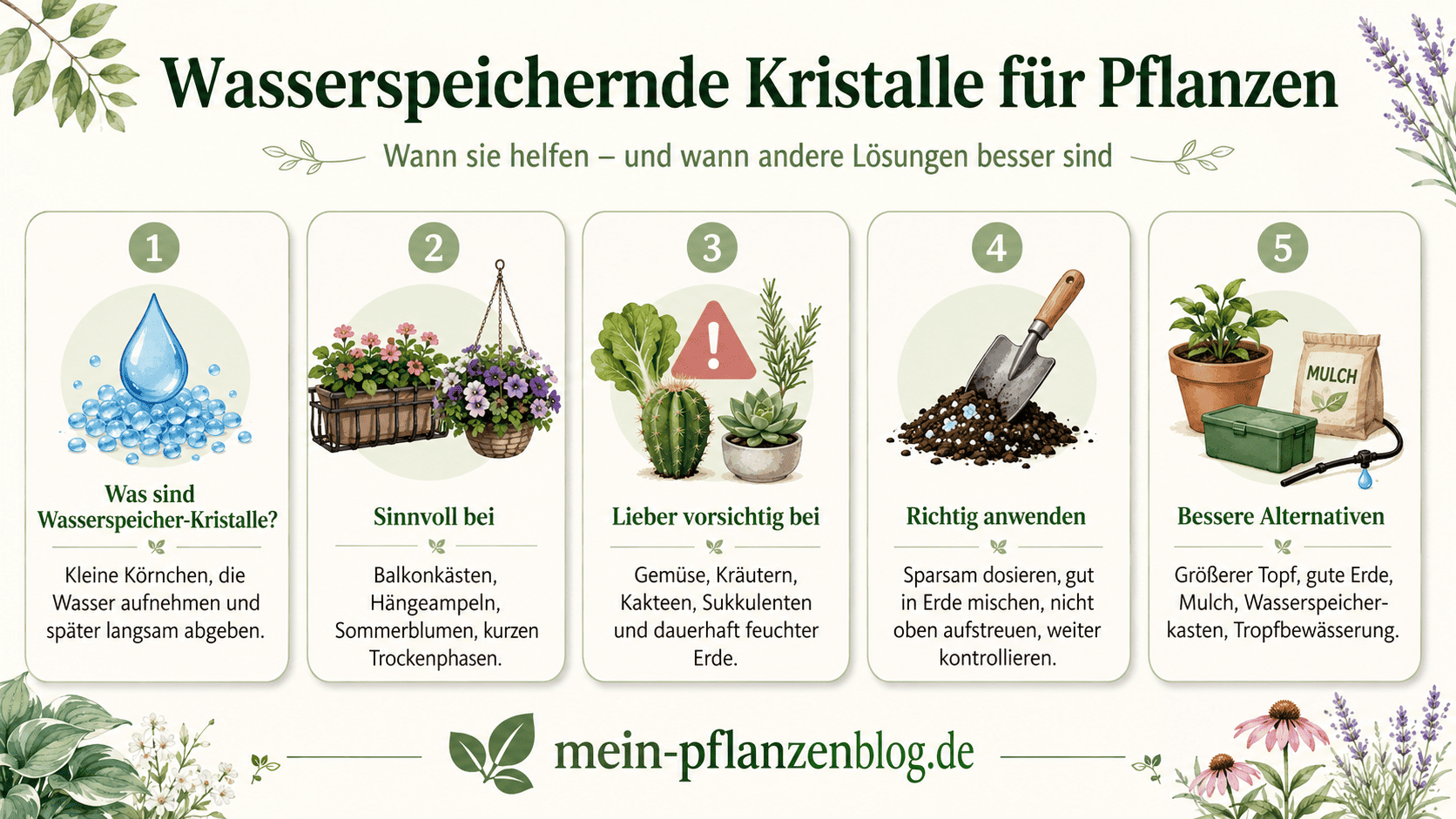 Infografik zu wasserspeichernden Kristallen für Pflanzen mit Anwendung, Vorteilen, Vorsicht und Alternativen