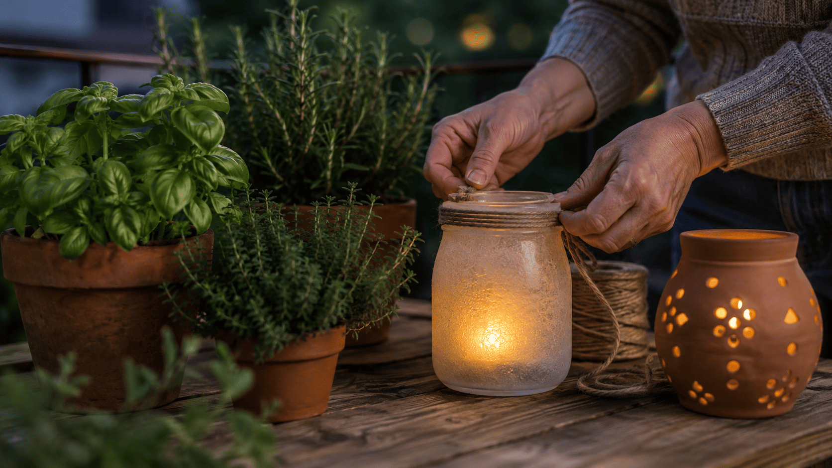 Hände verzieren ein mattes DIY-Lichtglas mit Jutekordel neben Basilikum, Rosmarin, Thymian und einer leuchtenden Terrakottalaterne