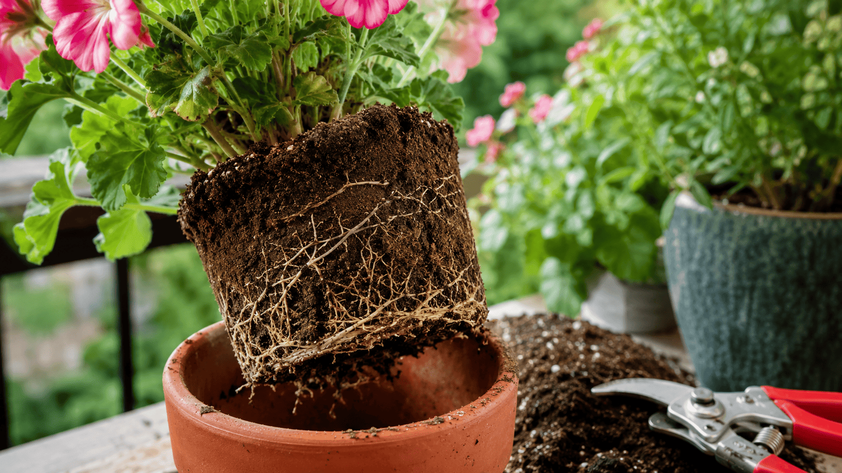 Ausgetopfte Pelargonie mit sichtbarem Wurzelballen, Blumenerde und Gartenschere auf einem Balkon