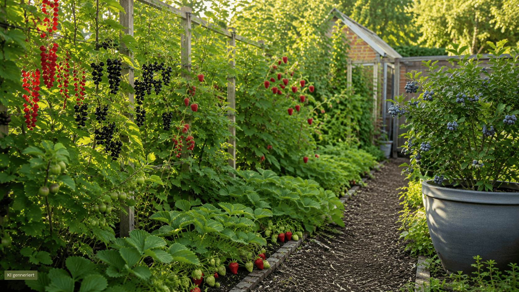 Übersichtlich angelegter Naschgarten mit Johannisbeeren, Stachelbeeren, Himbeeren, Erdbeeren und einer Heidelbeere im Kübel