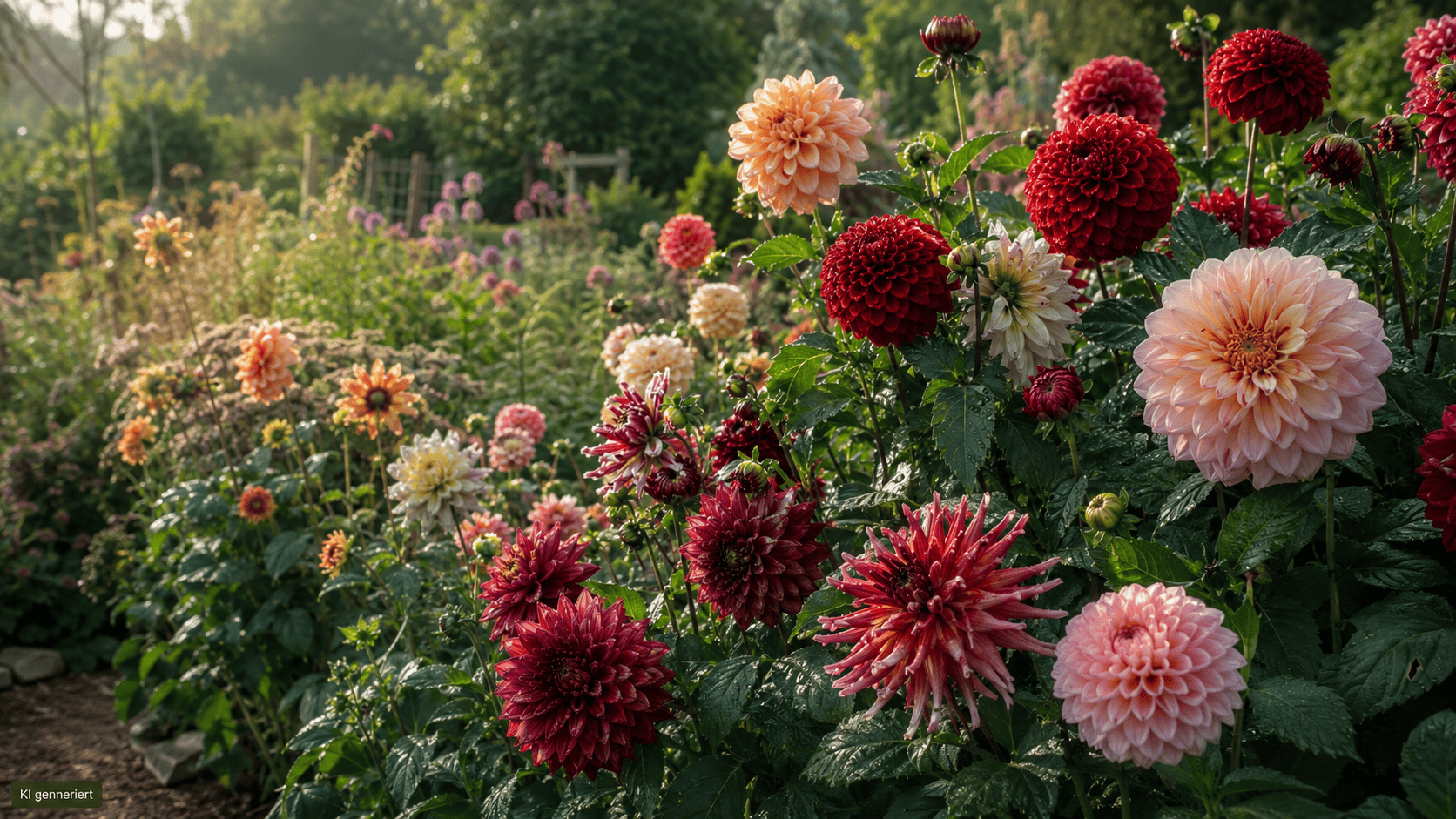 Üppig blühendes Dahlienbeet mit rosafarbenen, apricotfarbenen, cremefarbenen und dunkelroten Dahlien