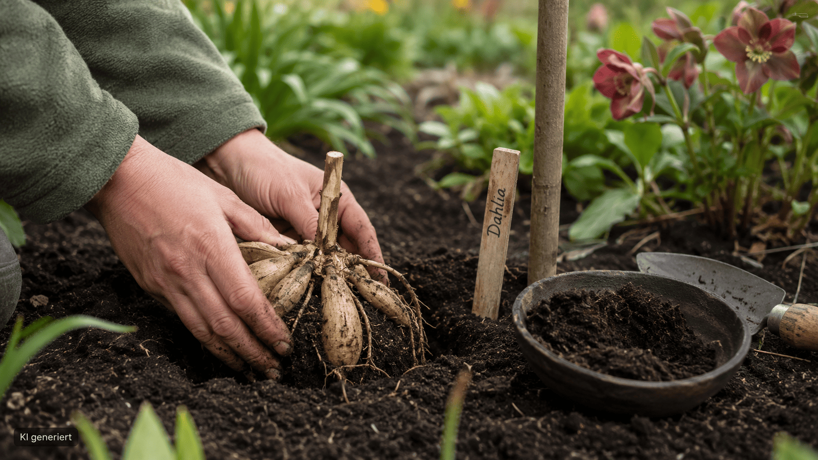 Hände setzen eine gesunde Dahlienknolle mit dem Knollenhals nach oben in lockere Gartenerde