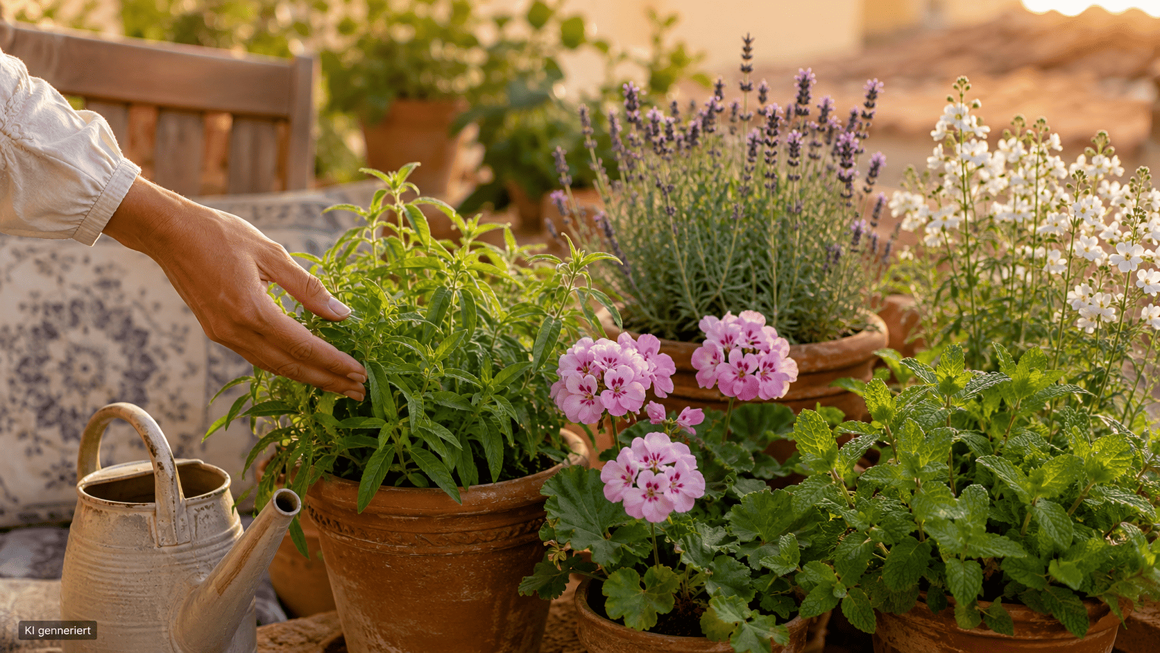 Hand zwischen Zitronenverbene, Duftpelargonie, Minze und Lavendel in Terrakottatöpfen auf einem sonnigen Balkon