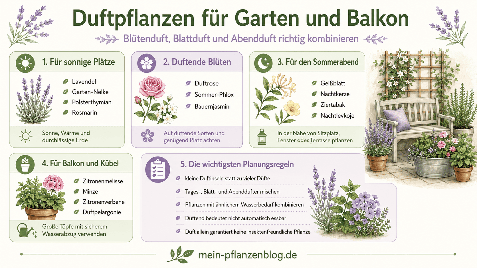 Infografik mit Duftpflanzen für sonnige Plätze, duftenden Blüten, Sommerabende sowie Balkon und Kübel
