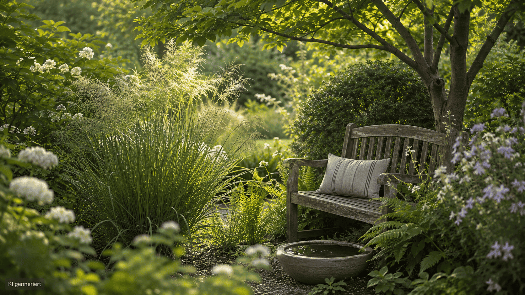 Gemütliche Gartenecke mit gepolstertem Holzstuhl, Terrakottakübeln, Rankgitter, Vogeltränke, Gießkanne und Gartenschere