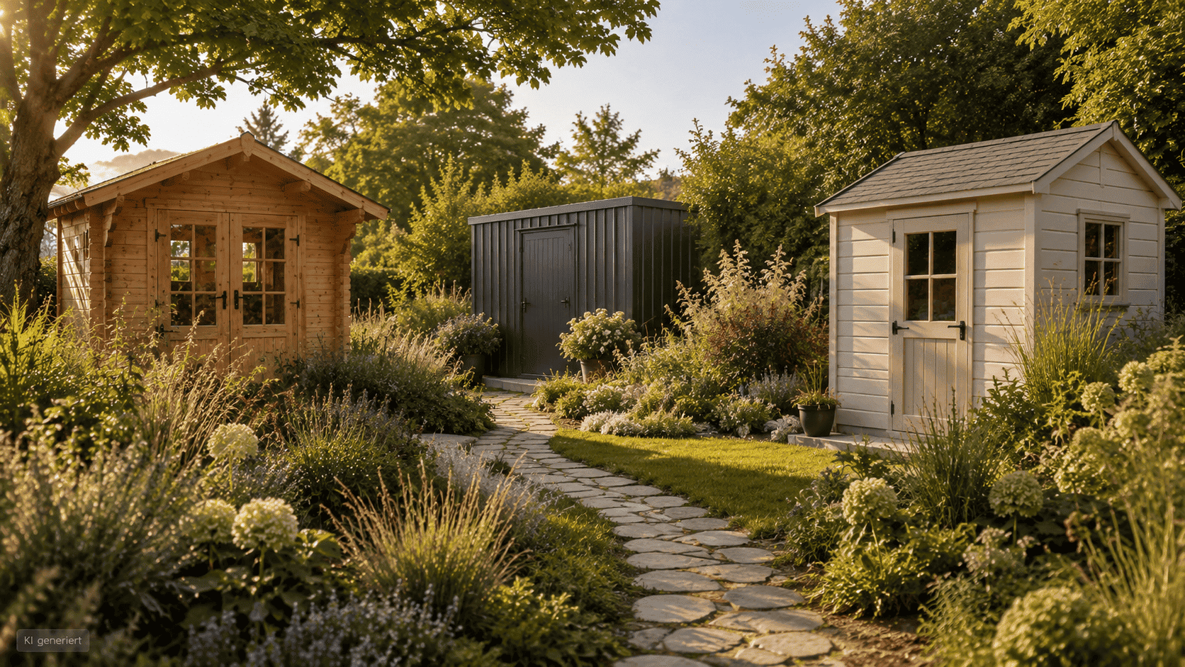 Drei Gartenhäuser aus Holz, Metall und Kunststoff in einem gepflegten Garten