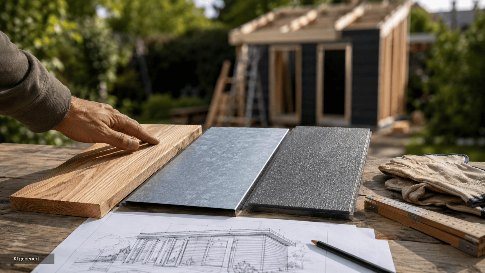 Holzbrett, verzinktes Metall und Kunststoffpaneel als Materialmuster für ein Gartenhaus