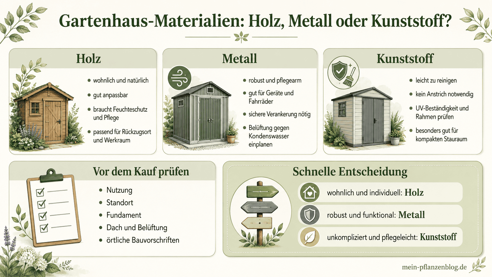 Infografik mit Entscheidungshilfe zu Gartenhäusern aus Holz, Metall und Kunststoff