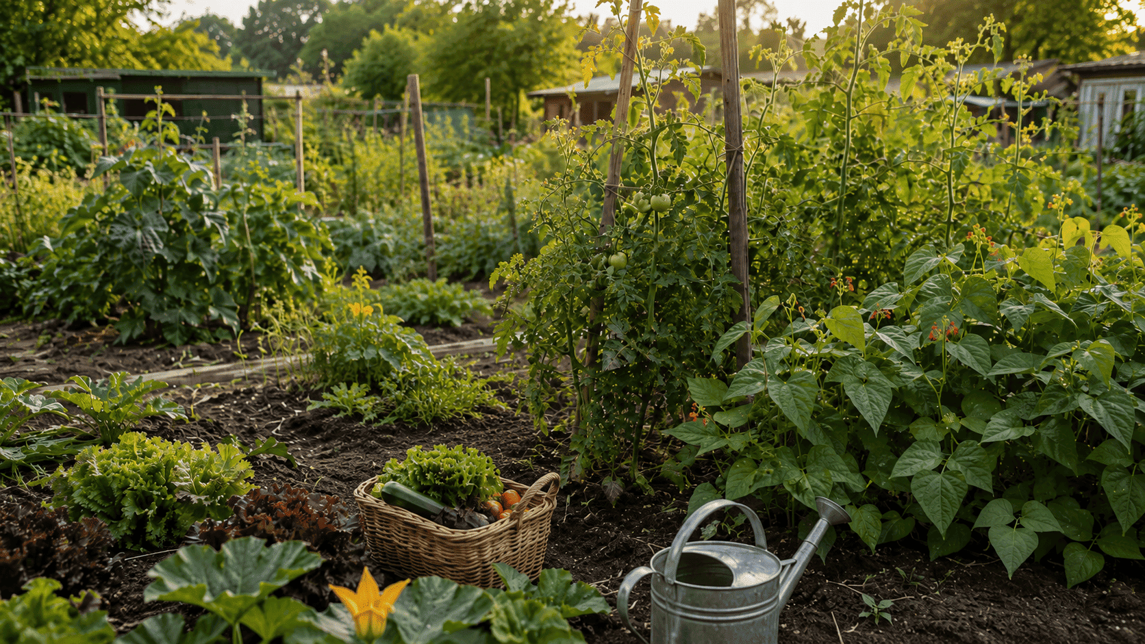 Sommerlicher Selbstversorgergarten mit Tomaten, Bohnen, Salaten, Zucchini, Gießkanne und Erntekorb