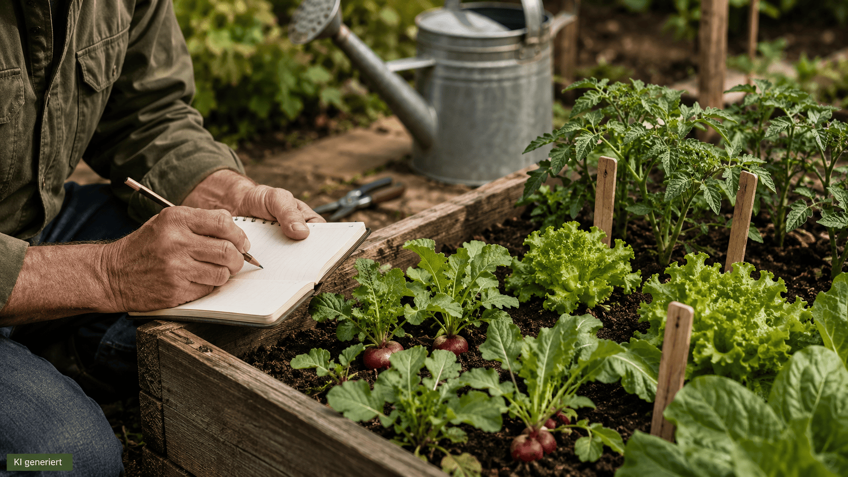 Gärtner schreibt Beobachtungen in ein Notizbuch neben einem Hochbeet mit Radieschen, Salat und jungen Tomatenpflanzen