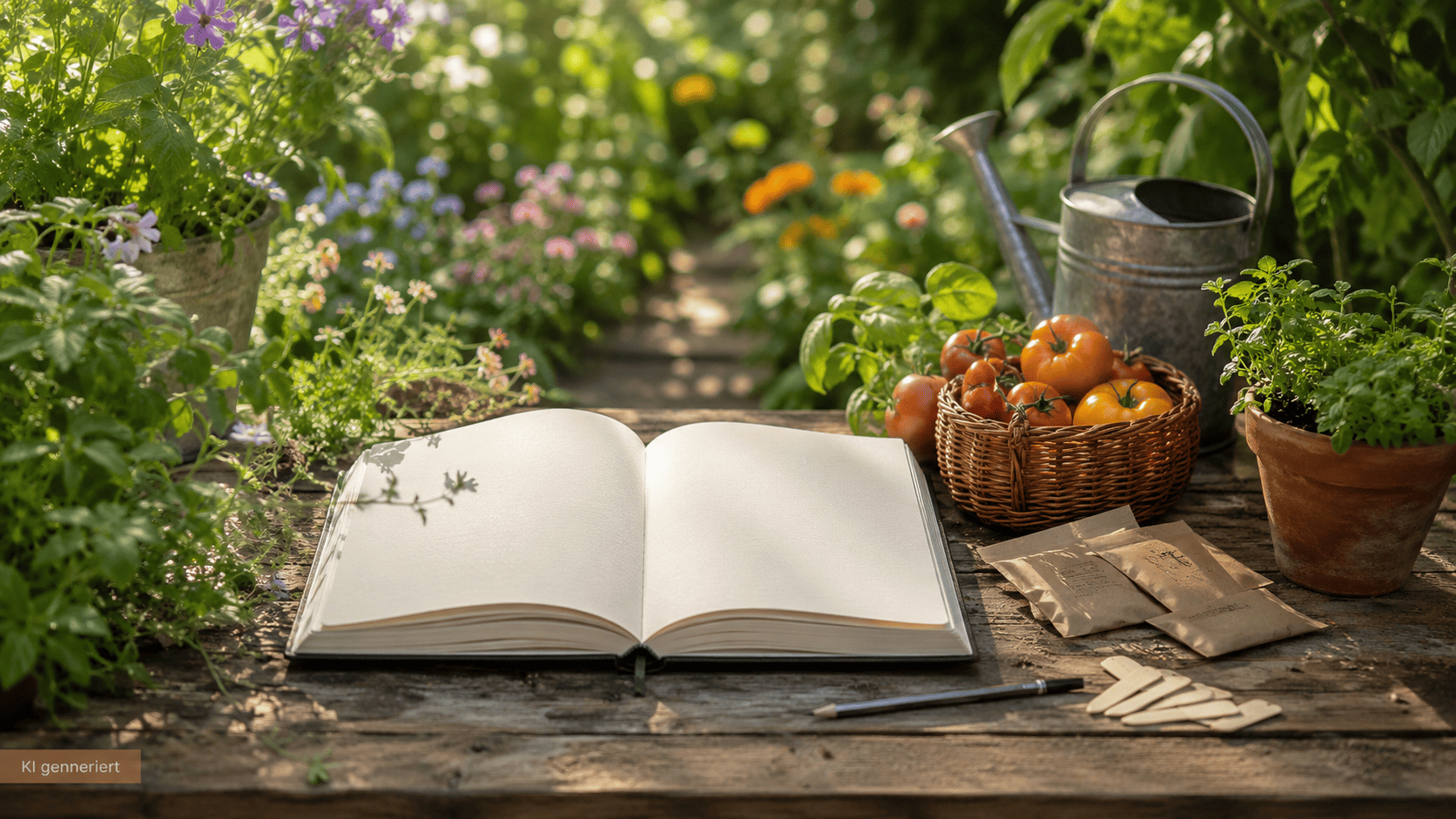Offenes Gartentagebuch auf einem Holztisch zwischen Tomaten, Kräutern, Saatguttüten und einer Gießkanne im sommerlichen Garten