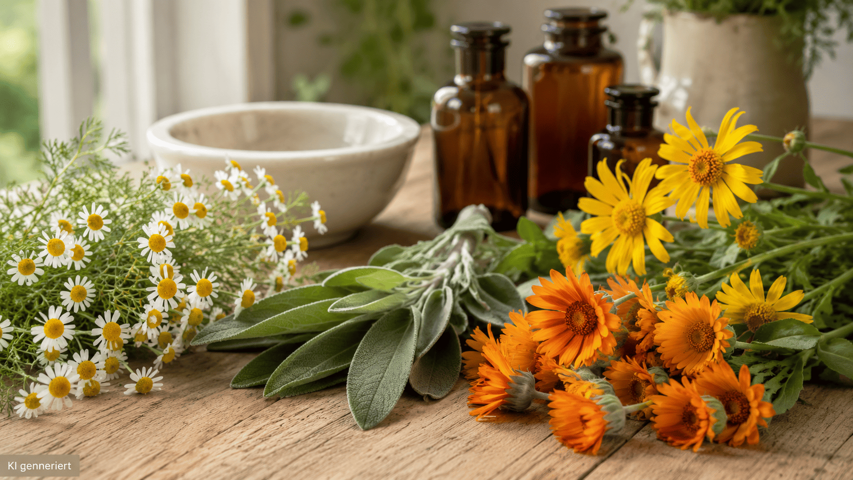 Frische Kamille, Salbei, Ringelblume und Arnika liegen zusammen mit Braungl&auml;sern und einer Keramikschale auf einem hellen Holztisch.