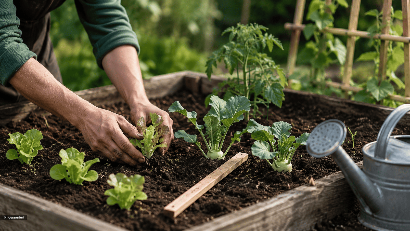 Junge Salat- und Kohlrabipflanzen werden mit ausreichendem Abstand ins Hochbeet gesetzt