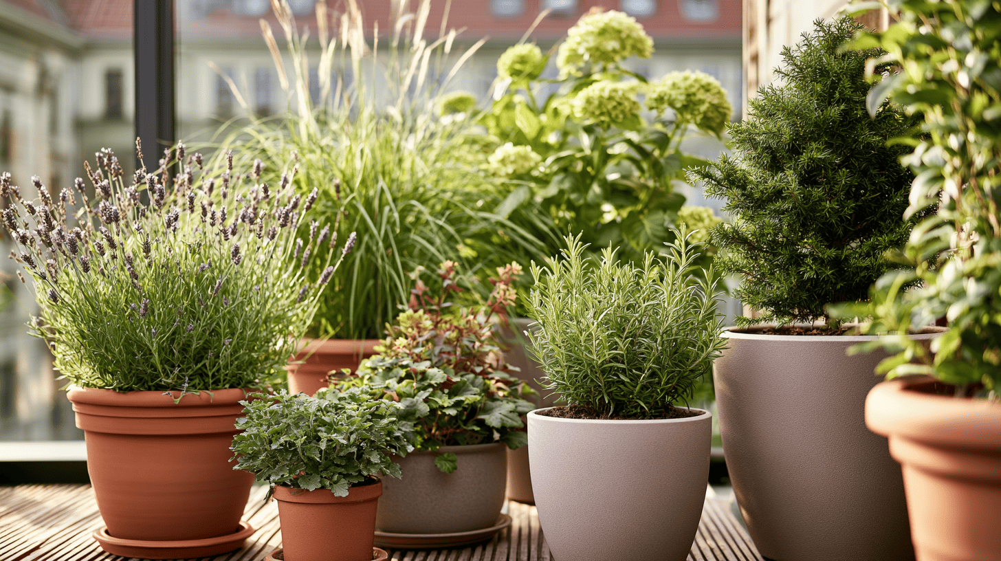 Lavendel, Hortensie, Rosmarin, Purpurglöckchen und Ziergräser in großen Kübeln auf einer sonnigen Terrasse