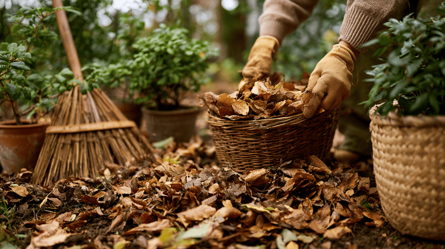 Herbstlaub als natürlicher Mulch zwischen Stauden, Gräsern und kleinen Sträuchern im Gartenbeet