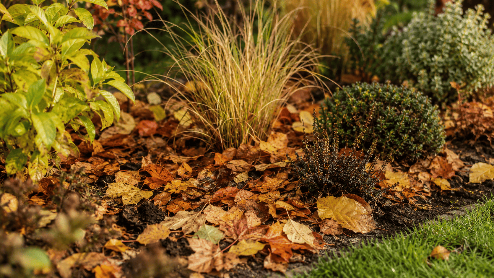 Trockenes Herbstlaub als Mulch rund um junge Sträucher, Kübelpflanzen und Gartenwerkzeug