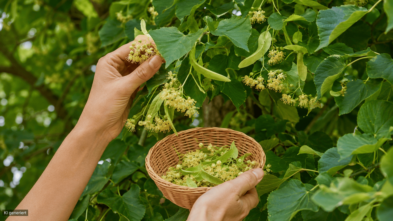 Hände sammeln vorsichtig frische Lindenblüten mit grünen Hochblättern in einen kleinen Korb