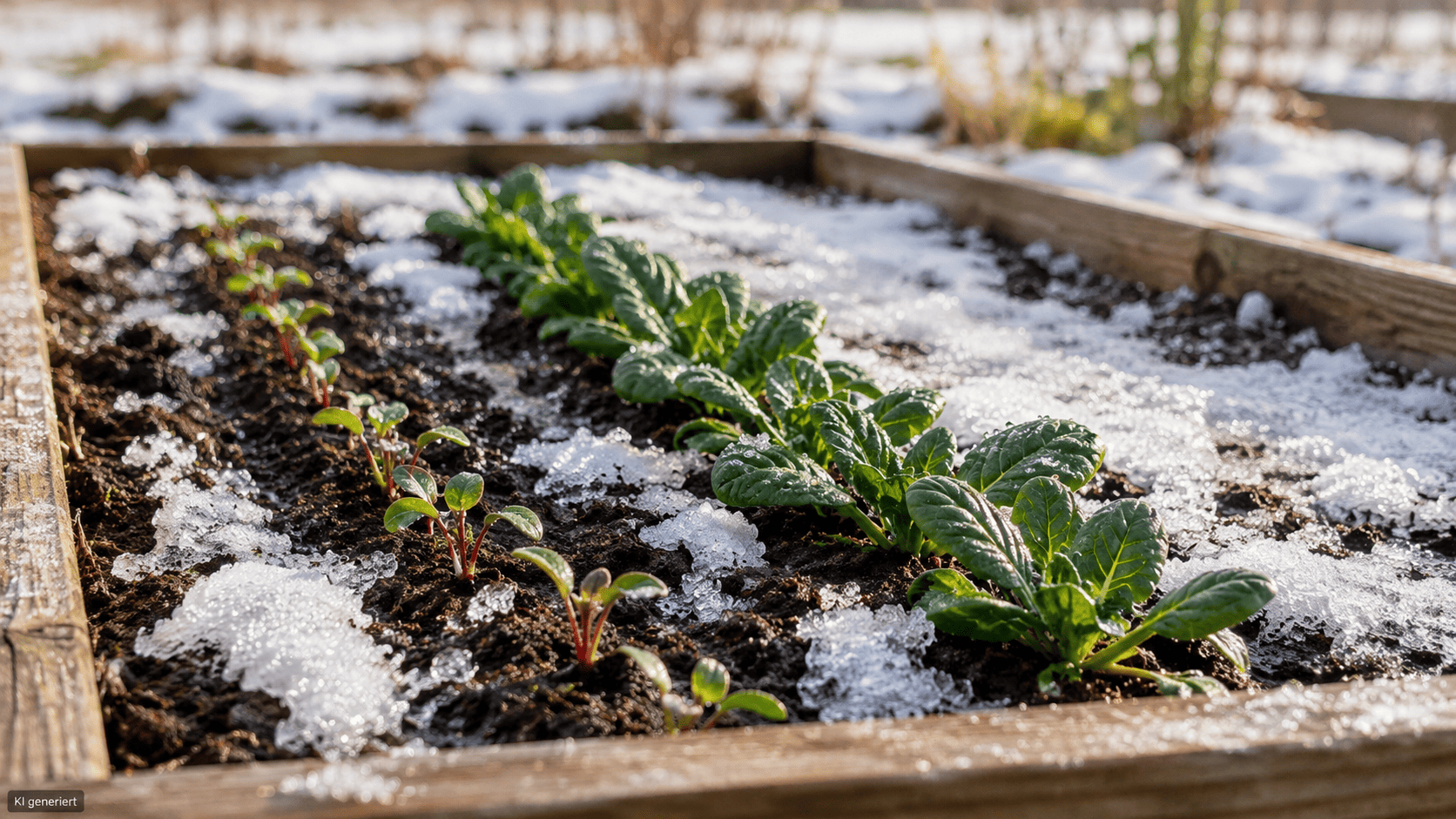 Hände heben Gartenvlies über jungen Salat-, Spinat- und Radieschenpflanzen im Hochbeet an