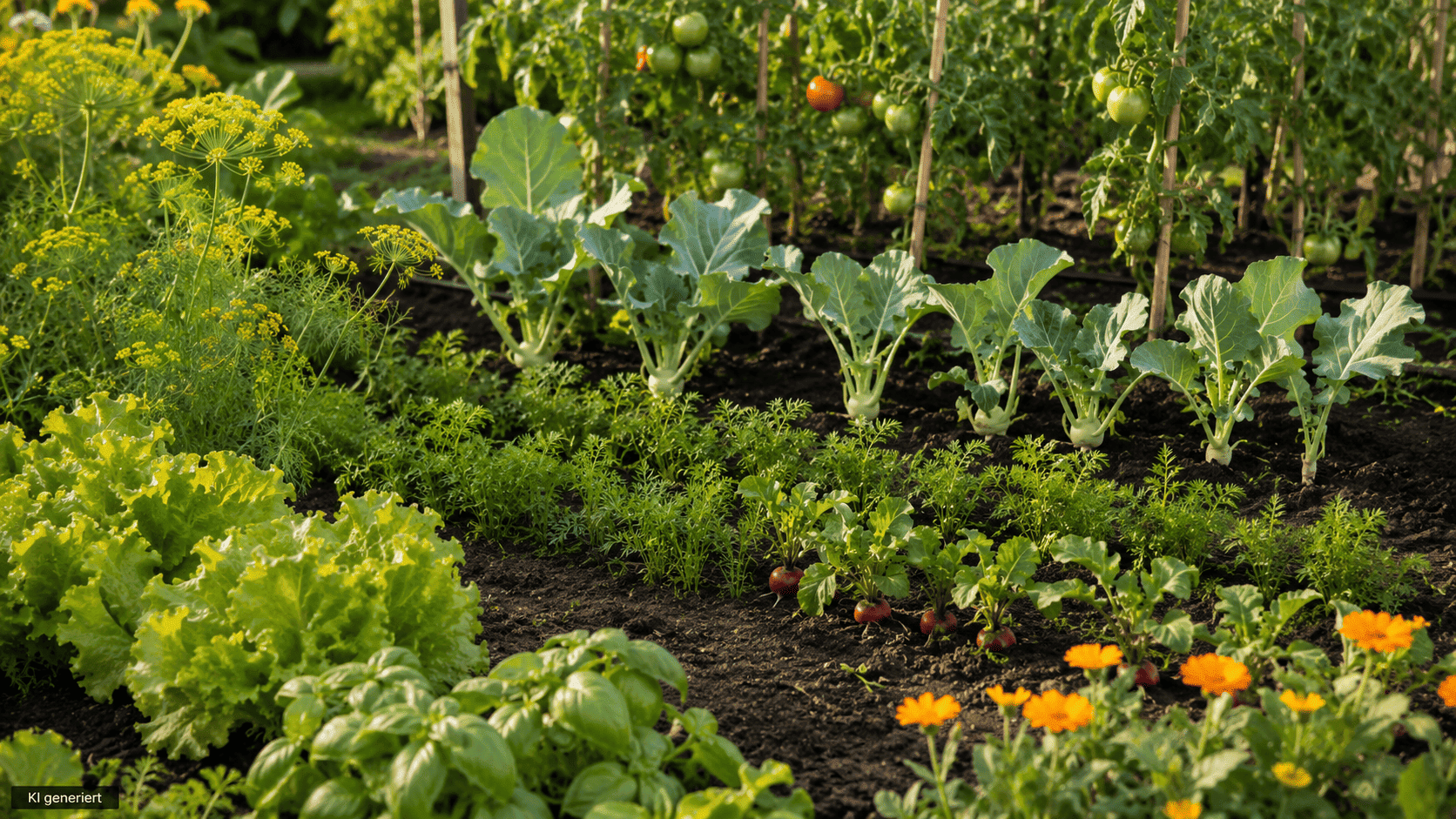 Geplantes Mischkultur-Gemüsebeet mit Tomaten, Kohlrabi, Salat, Radieschen, Kräutern und Ringelblumen
